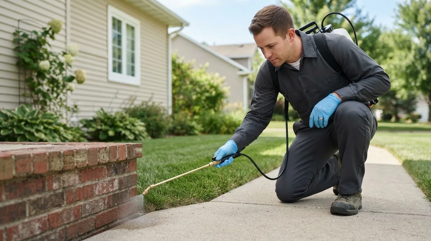 Pest control technician treating a home near Lyman, UT